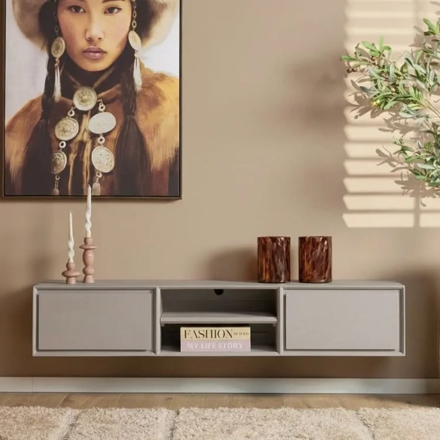 Furndea Industriele Kasten|Tv Meubels|Tony Zwevend Tv meubel Taupe Mangohout 160 cm
