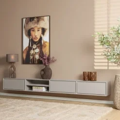 Furndea Industriele Kasten|Tv Meubels|Tony Zwevend Tv meubel Taupe Mangohout 240 cm