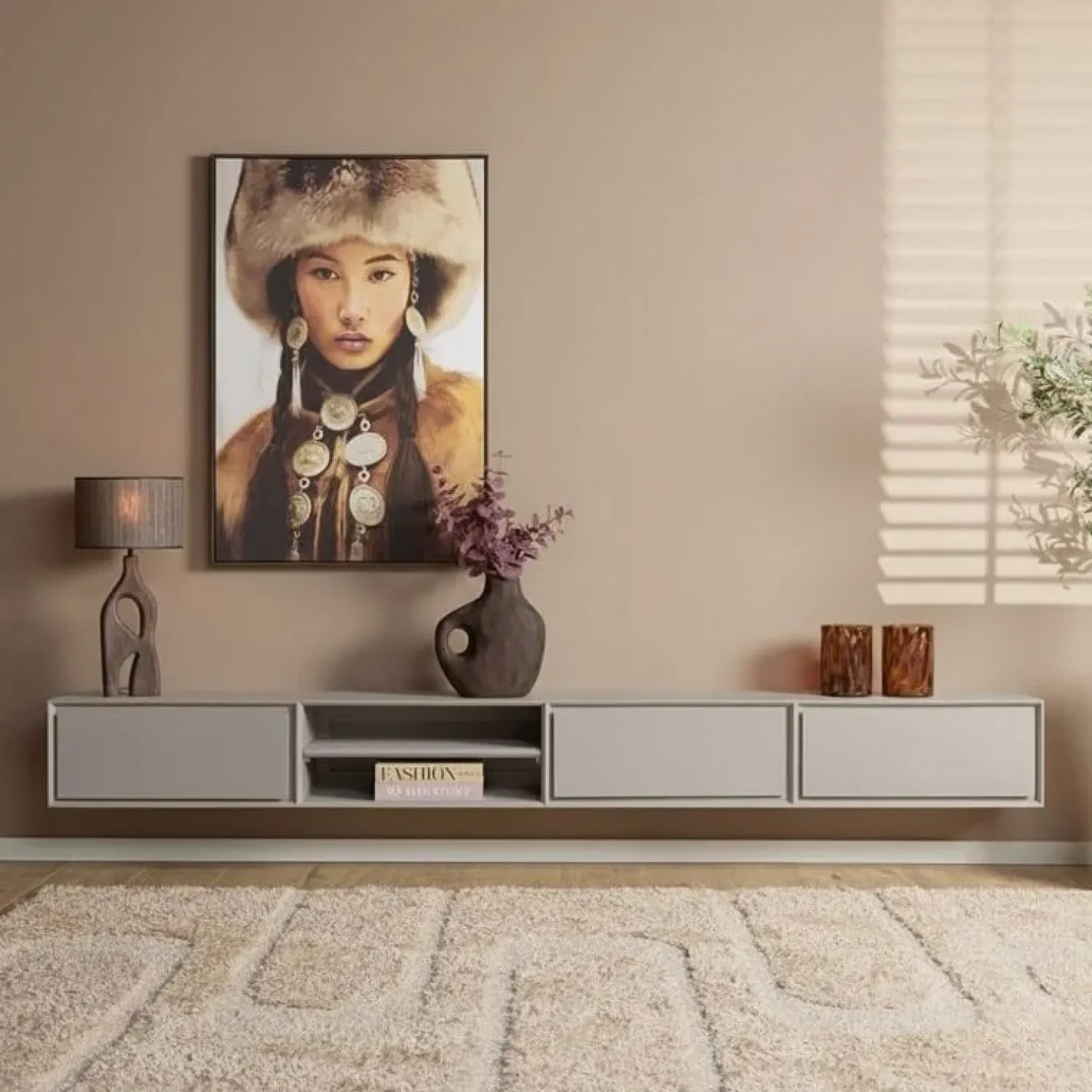 Furndea Industriele Kasten|Tv Meubels|Tony Zwevend Tv meubel Taupe Mangohout 240 cm