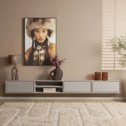 Furndea Industriele Kasten|Tv Meubels|Tony Zwevend Tv meubel Taupe Mangohout 280 cm