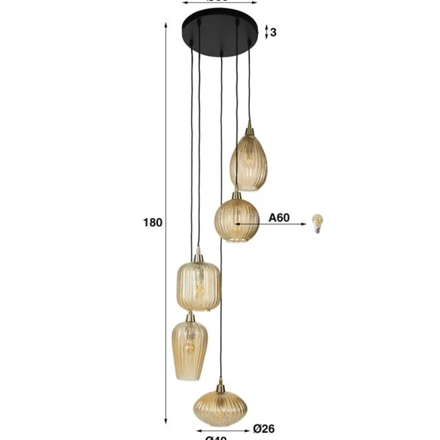 Kalfort Hanglampen|Glazen Hanglamp|Tristan 5-lichts Hanglamp Amberkleurig glas
