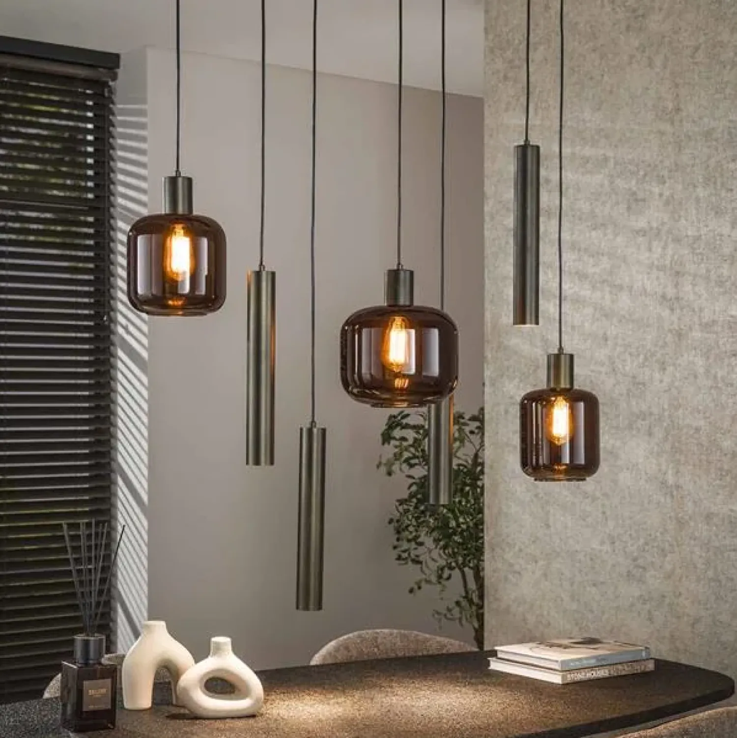 Kalfort Hanglampen|Glazen Hanglamp|Vigo 7-lichts Hanglamp Bruin