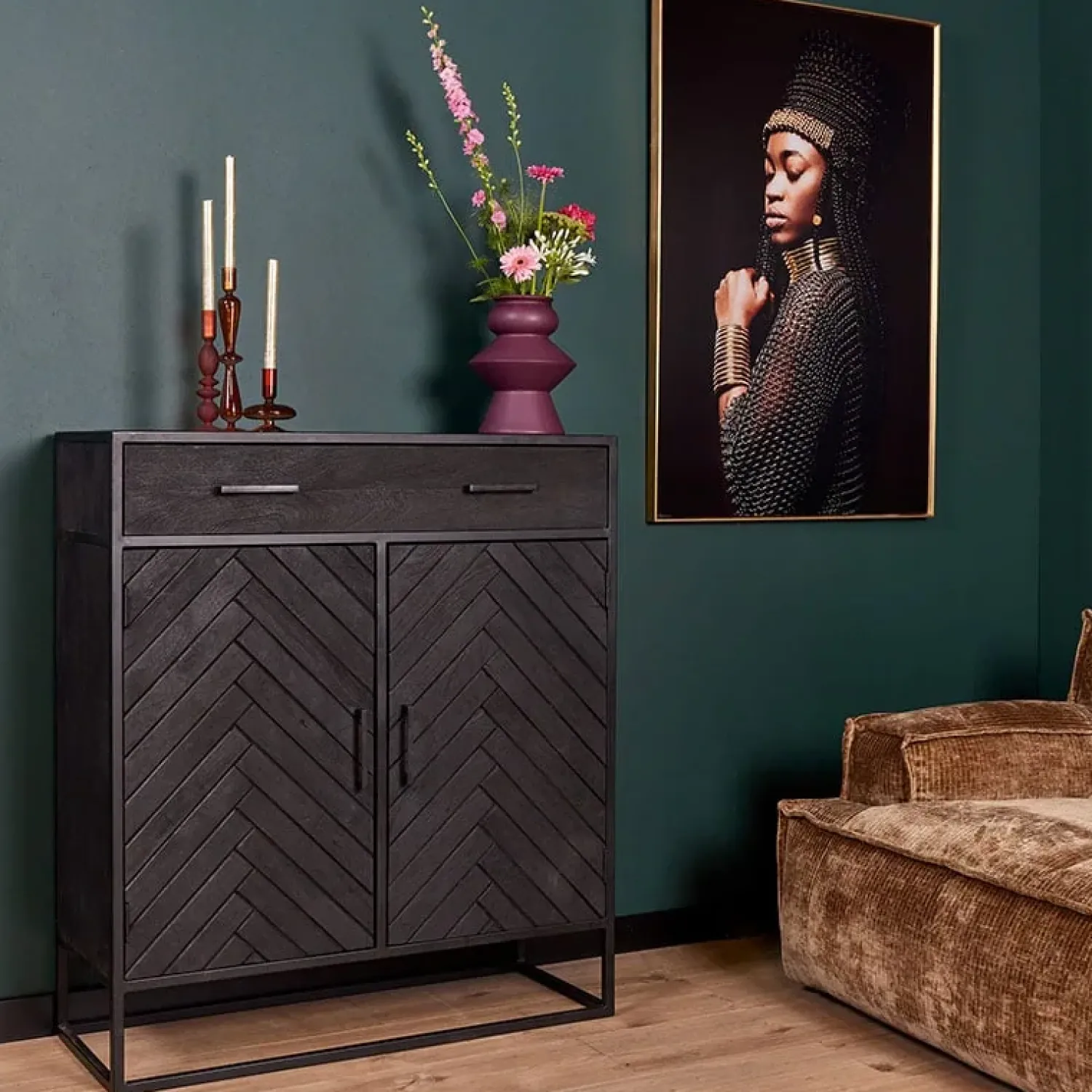 Furndea Wandkasten|Industriele Kasten|Wandkast Scandi visgraat zwart mangohout 100cm
