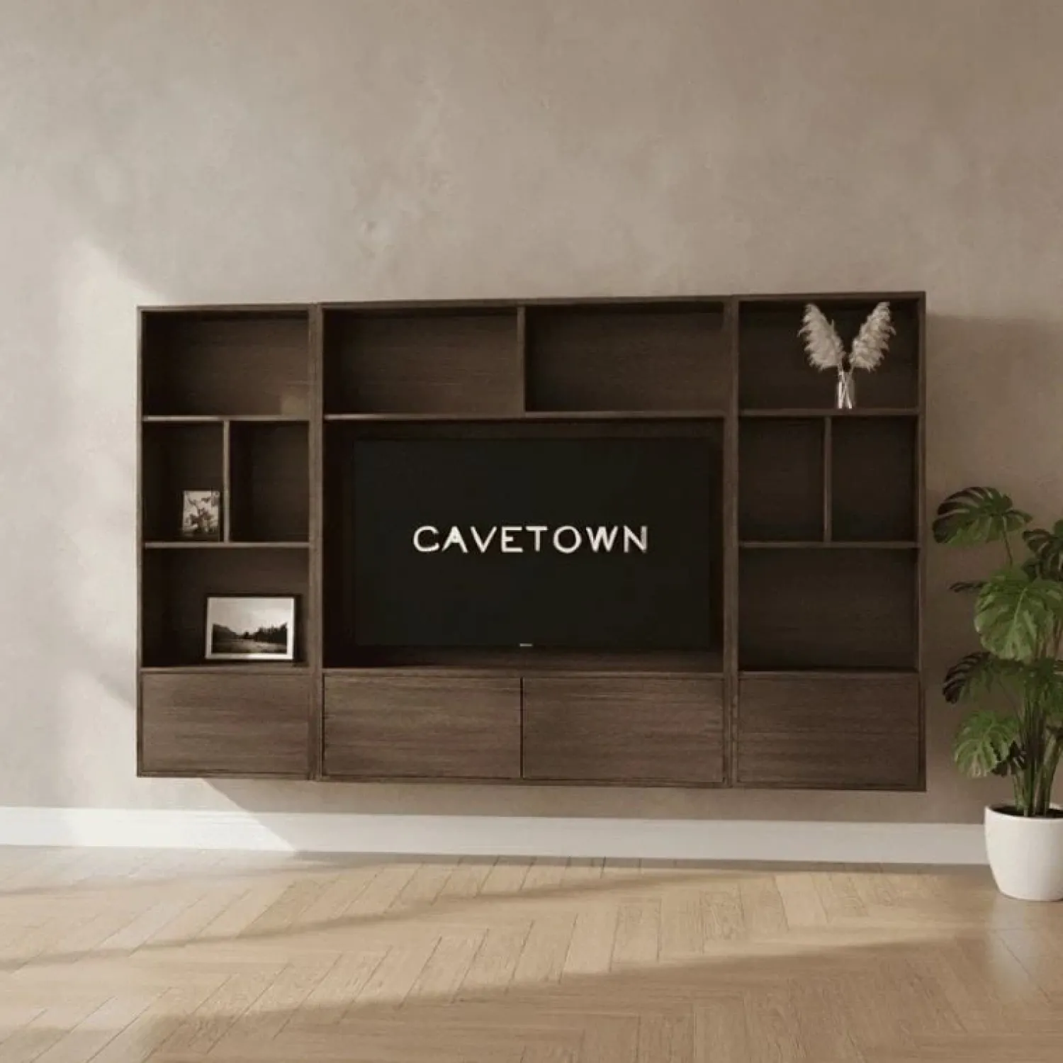 Maison Madera Wandkasten|Vakkenkasten|Watford Medium zwevende Cinewall compleet Dark almond