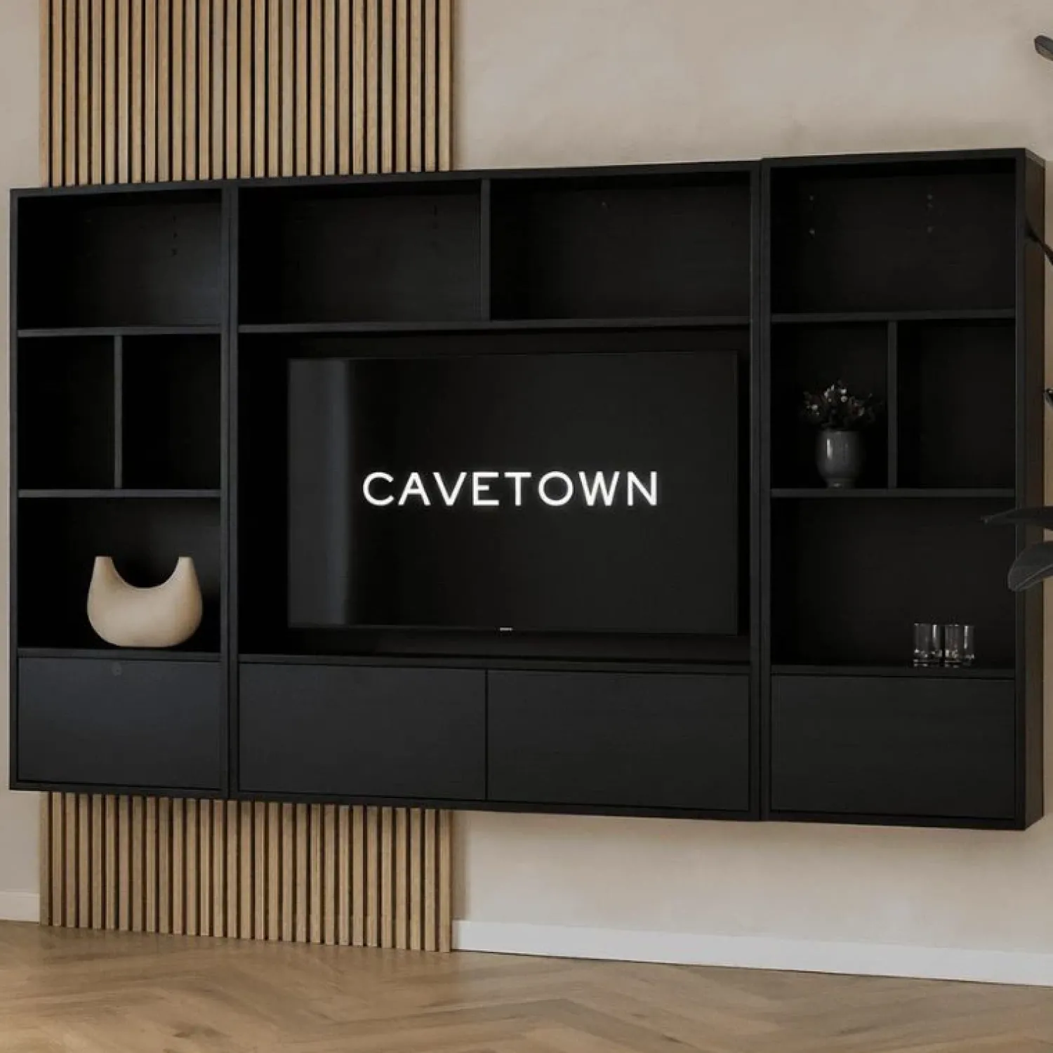 Maison Madera Wandkasten|Vakkenkasten|Watford Medium zwevende Cinewall compleet Zwart