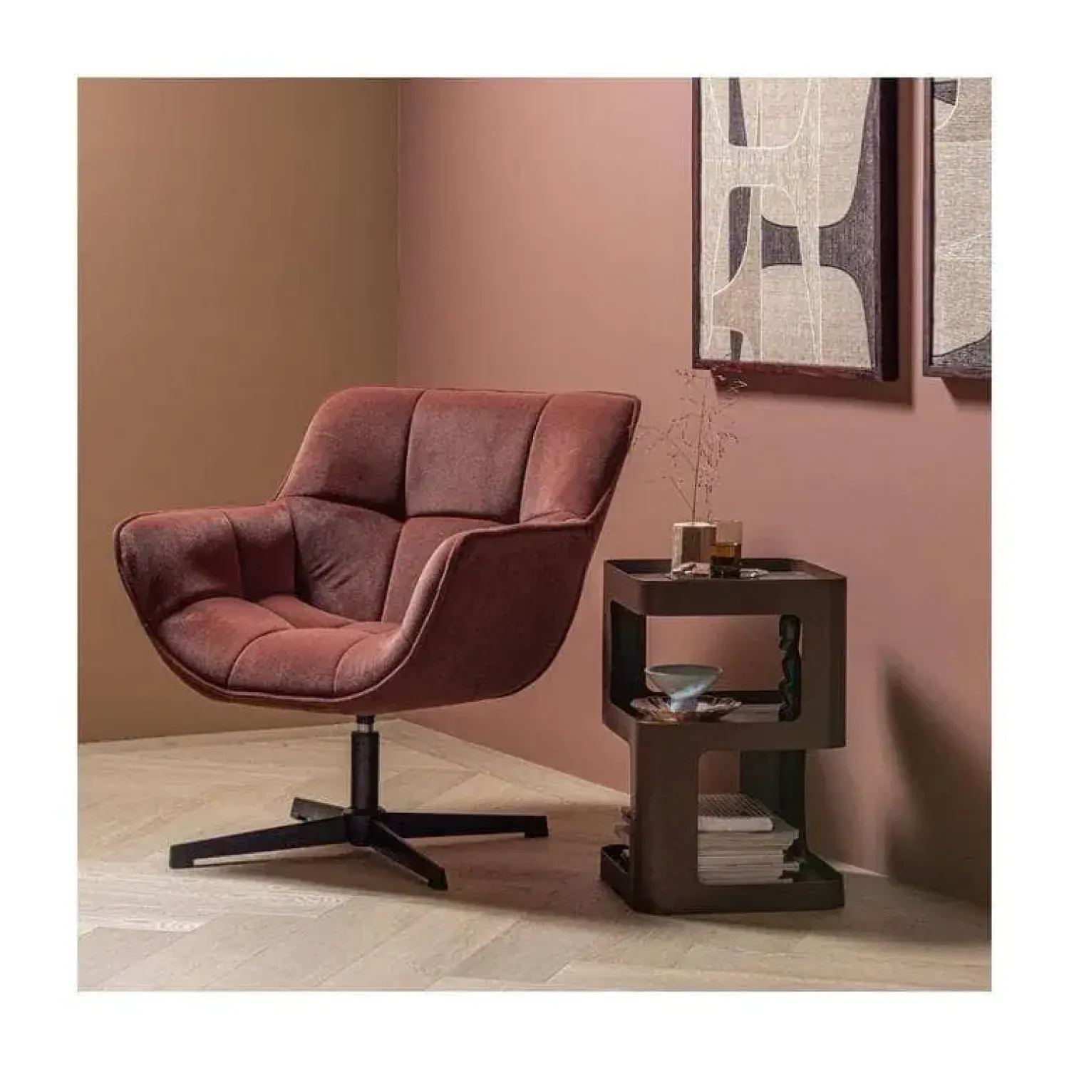 WOOOD Fauteuils|Wibo Draaifauteuil velvet Bruinrood