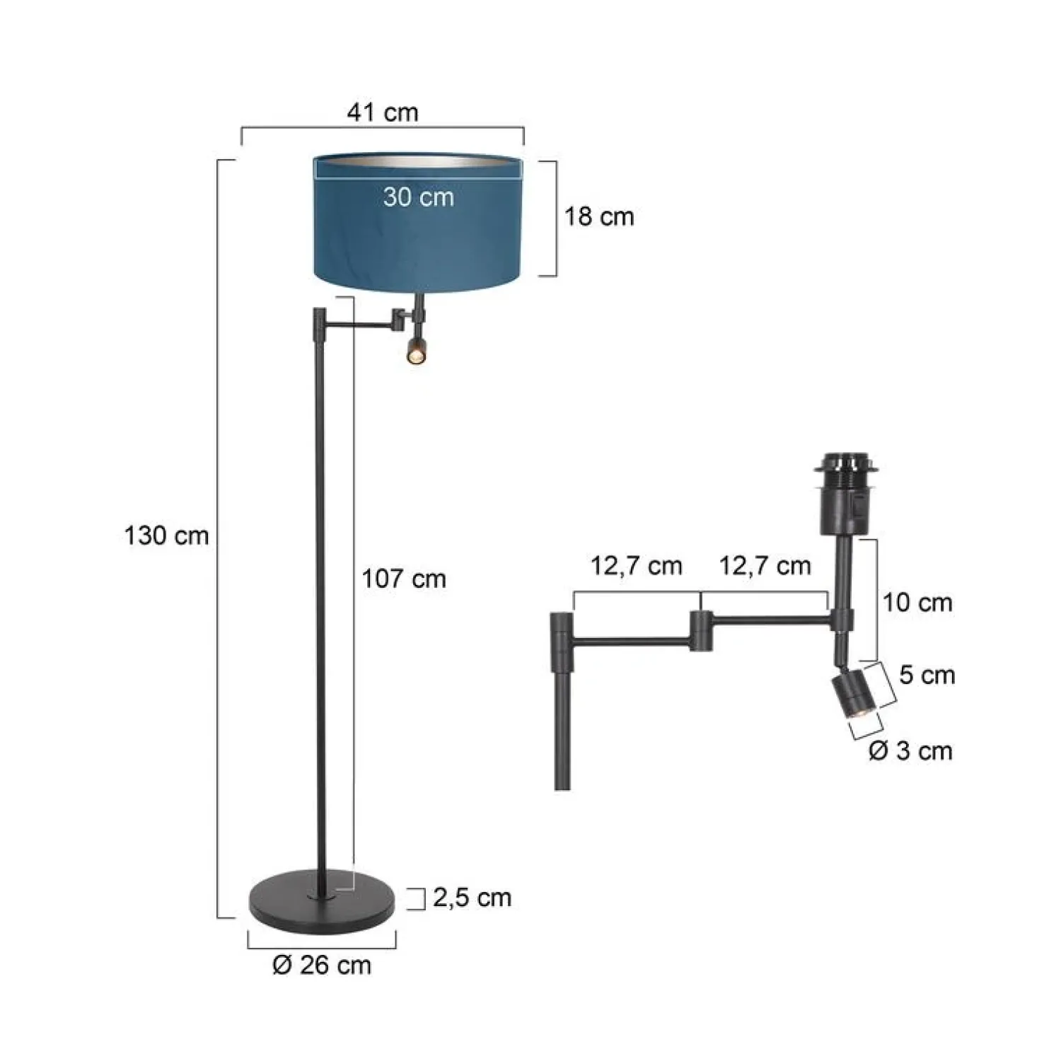 Steinmex Vloerlampen|Wilco 2-lichts Vloerlamp Zwart met Blauw Velvet kap