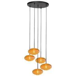 Steinmex Hanglampen|Glazen Hanglamp|Zavi 5-lichts Getrapte Hanglamp Geribbeld Amberglas