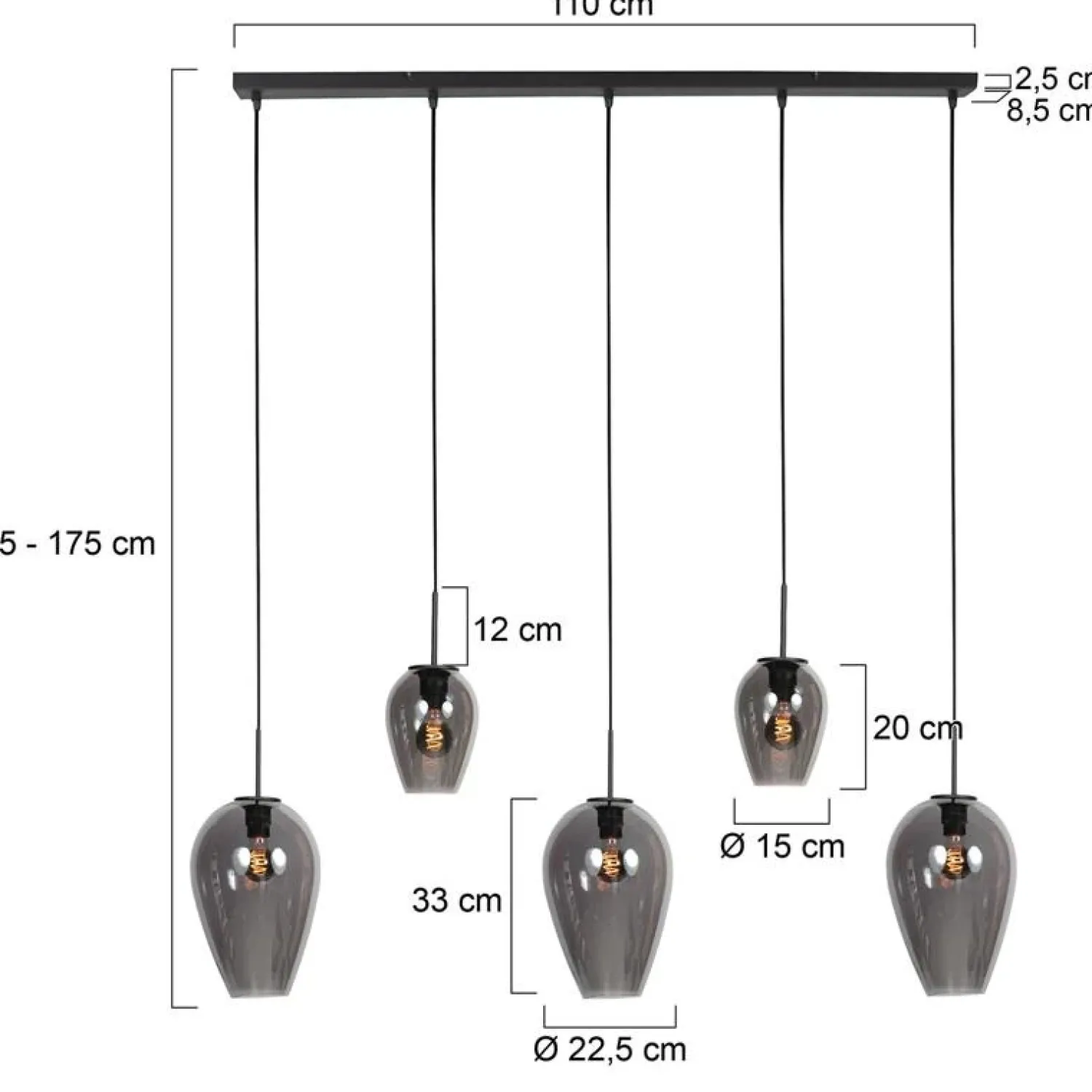 Steinmex Hanglampen|Glazen Hanglamp|Zavi 5-lichts Hanglamp Smoke Langwerpig