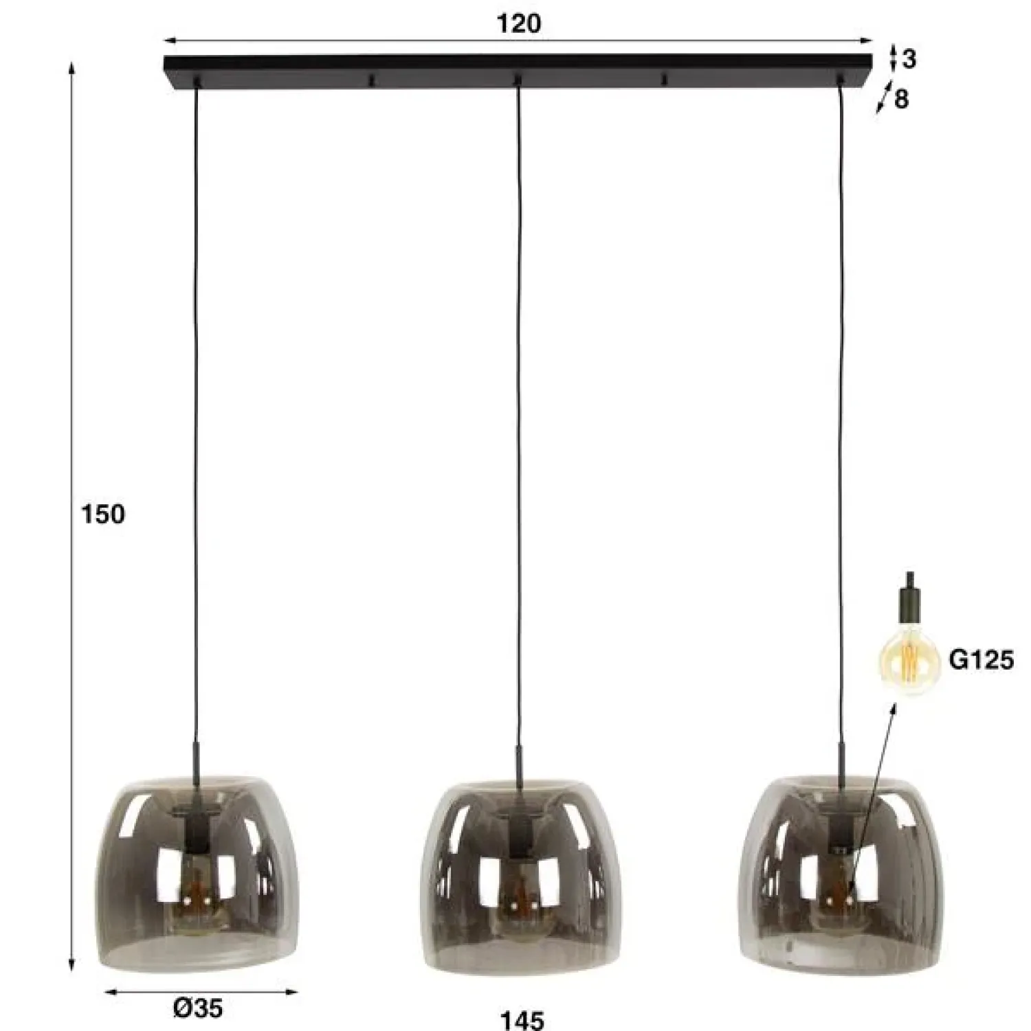 Kalfort Hanglampen|Glazen Hanglamp|Zeldana 3-lichts Hanglamp Smoke glas